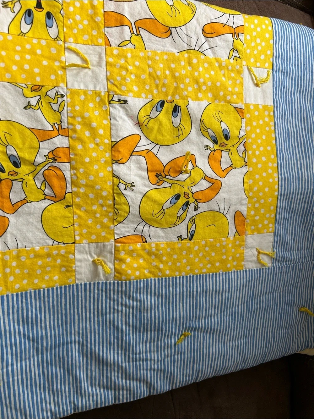 Yellow Tweety Patchwork Baby Quilt with Blue Stripe Border